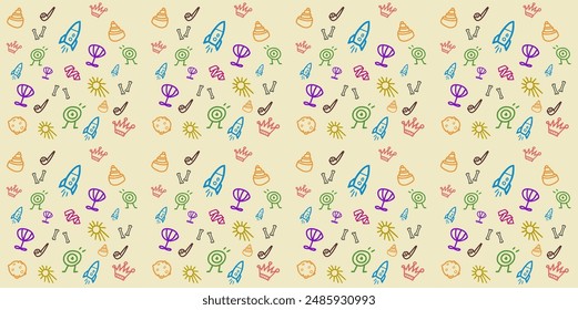 Seamless pattern for cute little girls and boys. Sketch set of drawings in child style. Doodle children drawing background. Vector illustration