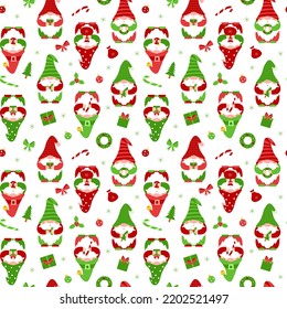 Seamless Pattern With Cute Little Gnomes. Christmas Elf Cartoon Characters Holding Gift, Candy Cane, Wreath. Flat Vector Elements For Fabric, Wallpaper, Wrapping Paper. Christmas Gnomes On White