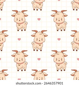 Seamless pattern with Cute Little Goat on white checkered background with hearts. Happy Cartoon Funny kawaii Farm Animal character. Vector illustration. Kids collection 