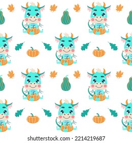 Seamless pattern with cute little green dragon holding pumpkin and autumn leaves. background for packaging, wallpaper, and design for children.