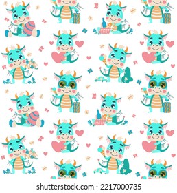 Seamless pattern of cute little green dragons resting in summer. Dragon child travels with a suitcase, sits with hearts and a picnic basket, eats ice cream, collects flowers. for children's design