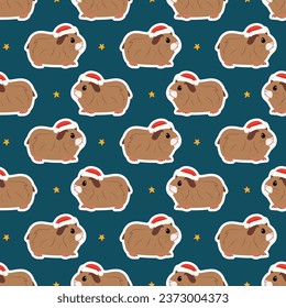 Seamless pattern of cute little guinea pigs in Santa Claus hats on a blue background, Christmas and New Year card
