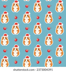 Seamless pattern Cute little guinea pigs in Santa Claus hats on a blue background, Christmas and New Year card