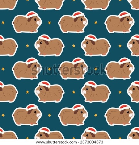 Seamless pattern of cute little guinea pigs in Santa Claus hats on a blue background, Christmas and New Year card
