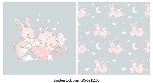 Seamless pattern with Cute little hares and mom. Cute white baby bunnies take baths in a cup. Can be used for baby t-shirt print, kids fashion design, baby shower card
