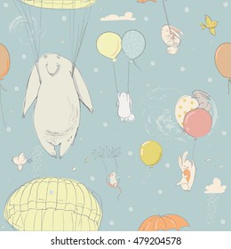 seamless pattern with cute little hares and polar bear