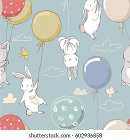 seamless pattern with cute little hares and balloons