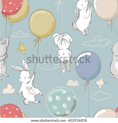 seamless pattern with cute little hares and balloons