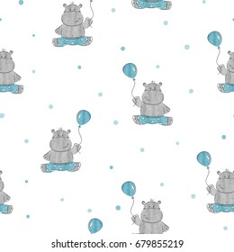 Seamless pattern with cute little Hippo. Vector background for kids design. Baby print.