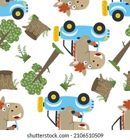 Seamless pattern of cute little horse driving a car go to forest funny animal cartoon,vector illustration. Vector illustration. T-Shirt Design for children. Design elements for kids.