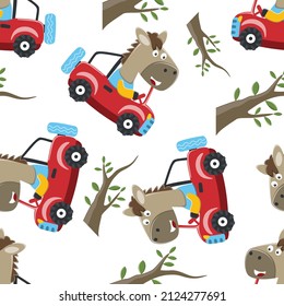 Seamless pattern of cute little horse driving a car go to forest funny animal cartoon,vector illustration. Vector illustration. T-Shirt Design for children. Design elements for kids.