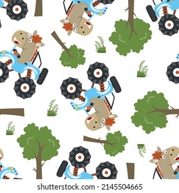 Seamless pattern of Cute little horse and driving a monster car go to forest funny animal cartoon. Creative vector childish background for fabric textile, and other decoration.