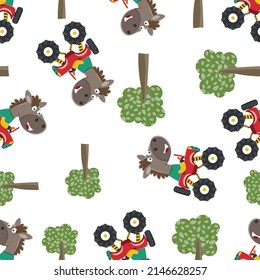 Seamless pattern of Cute little horse and driving a monster car go to forest funny animal cartoon. Creative vector childish background for fabric textile, and other decoration.