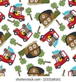 Seamless pattern of cute little horse driving a car go to forest funny animal cartoon,vector illustration. Vector illustration. T-Shirt Design for children. Design elements for kids.