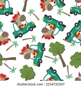 Seamless pattern of cute little horse driving a car go to forest funny animal cartoon,vector illustration. Vector illustration. T-Shirt Design for children. Design elements for kids.