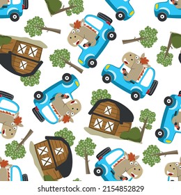 Seamless pattern of cute little horse driving a car go to forest funny animal cartoon,vector illustration. Vector illustration. T-Shirt Design for children. Design elements for kids.