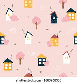 Seamless pattern with cute little houses. Childish scandinavian print. Vector hand drawn illustration.