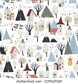 Seamless pattern with Cute Little Houses, Snowing Mountains and Trees
