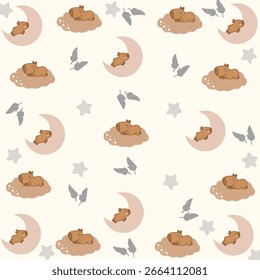 Nahtloses Muster mit niedlichen kleinen Koalas und Capybaras. Vektorgrafik für Kinder. Skandinavisches Flachdesign. Das Konzept der Kinderkarikaturen.