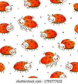 Patrón sin soldadura con pequeños y lindos ladybugs aislados en fondo blanco - fondo de caricatura para diseño de niños graciosos