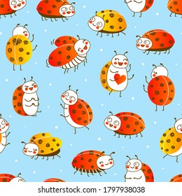 Seamless pattern with cute little ladybugs on blue background - cartoon background for funny children design