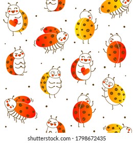 Seamless pattern with cute little ladybugs isolated on white background - cartoon background for funny children design