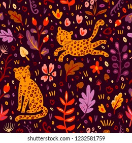 Seamless pattern. Cute little leopards walk among flowers and plants. Panthers play in a forest glade. Print with animals and plants in warm colors. Hand drawing illustration.