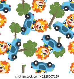 Seamless pattern of cute little lion driving a car go to forest funny animal cartoon,vector illustration. Vector illustration. T-Shirt Design for children. Design elements for kids.