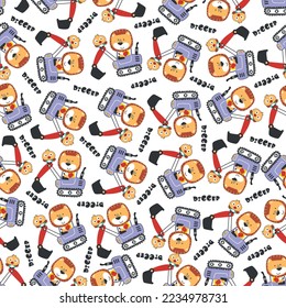 Seamless pattern of Cute little lion on excavator. Can be used for t-shirt print, kids wear fashion design, print for t-shirts, baby clothes, poster. and other decoration.