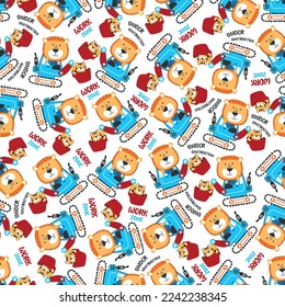Seamless pattern of Cute little lion on excavator. Can be used for t-shirt print, kids wear fashion design, print for t-shirts, baby clothes, poster. and other decoration.