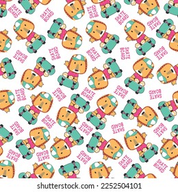 Seamless pattern with cute little lion on skate board, For fabric textile, nursery, baby clothes, background, textile, wrapping paper and other decoration.