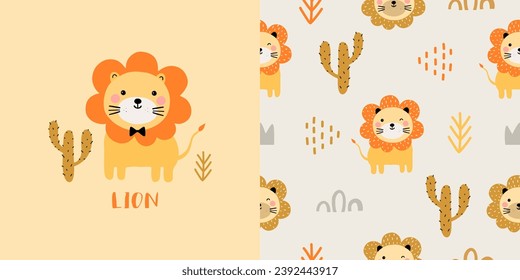 Patrón sin foco con un león lindo, cactus para tu tela, niños textiles, ropa, decoración de vivero, papel de envoltura de regalo, ropa de cama infantil, camisa de bebé. Ilustración del vector
