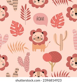 Patrón sin foco con un lindo león, cactus y hojas tropicales para tu tela, niños textiles, decoración de vivero, papel de envoltura de regalo, ropa de cama infantil, camisa de bebé. Ilustración del vector