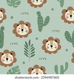 Patrón sin foco con un lindo león, cactus y hojas verdes tropicales para tu tela, niños textiles, decoración de vivero, papel de envoltura de regalo, ropa de cama para niños, camisa para bebés. Ilustración del vector