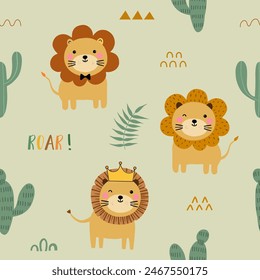 Seamless pattern with cute little lion, cactus and green leaves tropical for your fabric, children textile, nursery decoration, gift wrap paper, kids bedding, baby's shirt. Vector illustration