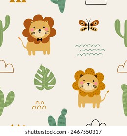 Seamless pattern with cute little lion, cactus and green leaves tropical for your fabric, children textile, nursery decoration, gift wrap paper, kids bedding, baby's shirt. Vector illustration