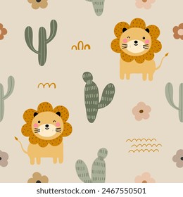 Seamless pattern with cute little lion, cactus and green leaves tropical for your fabric, children textile, nursery decoration, gift wrap paper, kids bedding, baby's shirt. Vector illustration