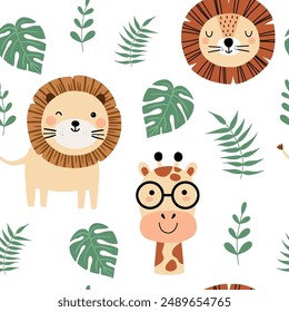 Seamless pattern with cute little lion, giraffe, cactus and green leaves tropical for your fabric, children textile, nursery decoration, gift wrap paper, kids bedding. Vector illustration