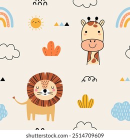 Patrón sin fisuras con lindo león pequeño, jirafa, arco iris, sol y nube para su tela, textiles para niños, decoración de vivero, papel de regalo, ropa de cama para niños. Ilustración vectorial