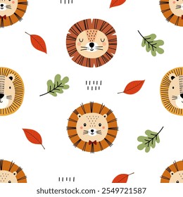 Seamless pattern with cute little lion, and autumn leaves for your fabric, children textile, nursery decoration, gift wrap paper, kids bedding, baby's shirt. Vector illustration