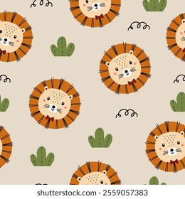 Seamless pattern with cute little lion and leaves for your fabric, children textile, nursery decoration, gift wrap paper, kids bedding, baby's shirt. Vector illustration