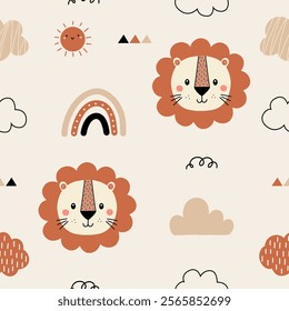 Seamless pattern with cute little lion, rainbow, sun and cloud for your fabric, children textile, nursery decoration, gift wrap paper, kids bedding. Vector illustration