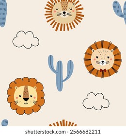 Seamless pattern with cute little lion, cactus and cloud for your fabric, children textile, nursery decoration, gift wrap paper, kids bedding, baby's shirt. Vector illustration