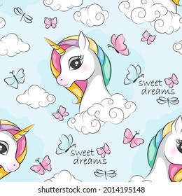 Seamless pattern of cute little magical unicorn, clouds and butterfly. Colorful illustration for children wallpaper  textile and gift paper.