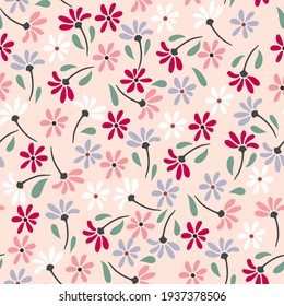 seamless pattern of cute little meadow flowers. Spring Summer, festive delicate romantic children's print.. Simple doodle modern design for printing onto fabric, paper, packaging 