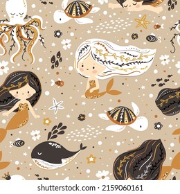 Seamless pattern with cute little mermaid and sea animals, boho illustration