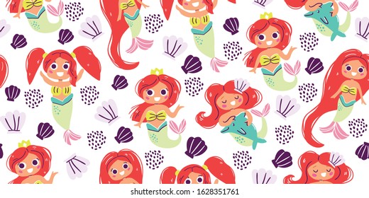 Seamless pattern with cute little mermaids, hand drawn style. Under the sea pattern  - little mermaids, seashells, stars. Perfect for kids textile graphic tees, fabric, textile, posters, stickers
