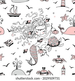 Seamless pattern with cute little mermaids. Vector.