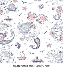 Seamless pattern with cute little mermaids. Vector.