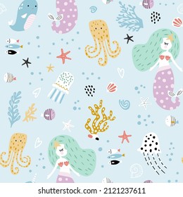 Seamless pattern with cute little mermaids. Creative undersea childish texture. Great for fabric, textile Vector Illustration